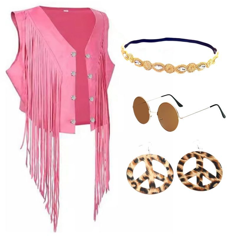 Fashionable Ethnic Style 2026 European and American Cross-Border New Pink Tassel Vest Paired with Hippie-Style Accessory Set