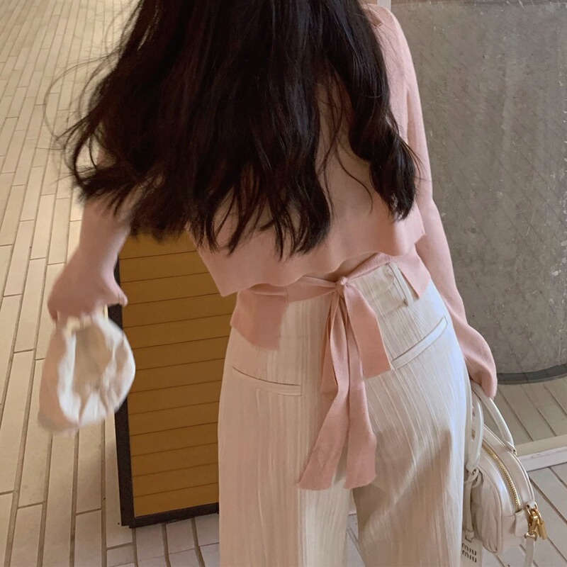 Bell sleeve knitted polo shirt Women's Spring and Autumn design sense back strap short cardigan long sleeve top