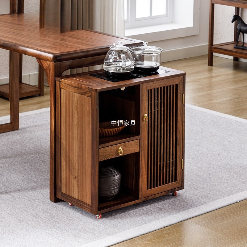 7t New Chinoiserie Walnut Mobile Tea Cabinet Water Kettle Integrated Household Tea Table Solid Wood Tea Cart Sofa Side
