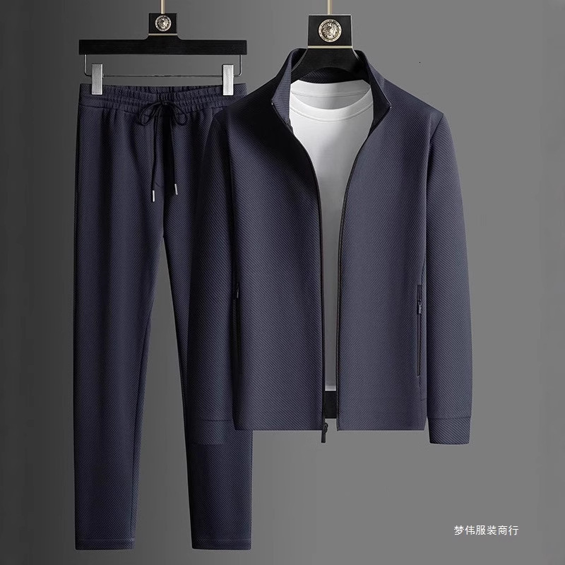 2026 Light Luxury Casual Suit Men's Sportswear Two-Piece Set Autumn Middle-Aged Jacket and Pants Black Suit Mengwei