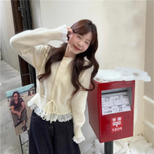 (2개) 한국식 레드 레이스 바느질 스웨터 여성의 가을 및 겨울 디자인 센스 타이트 허리 니트 카디건 쇼트 탑