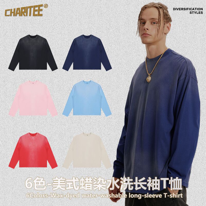 Cross-border new streetwear brand, Baja, featuring wax-dyed, washed, and distressed long-sleeve T-shirts, a basic style for both men and women Cross-border new streetwear brand, Baja, featuring wax-dyed, washed, and distressed long-sleeve T-shirts, a basic style for both men and women