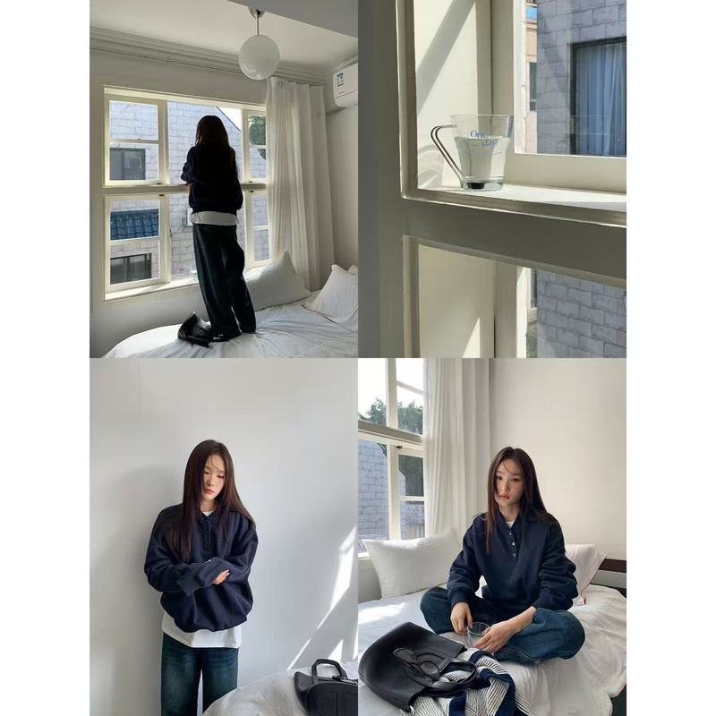 即墨卫衣简约纯色亨利领宽松卫衣女春秋冬新款宽松小个子加绒上衣|undefined