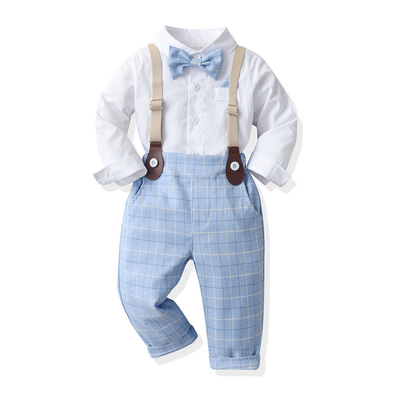Camisas de algodón blanco para niños coreanos corbata primavera y otoño correa de bebé hombre pantalones a cuadros set vestido de juego de niños de flores