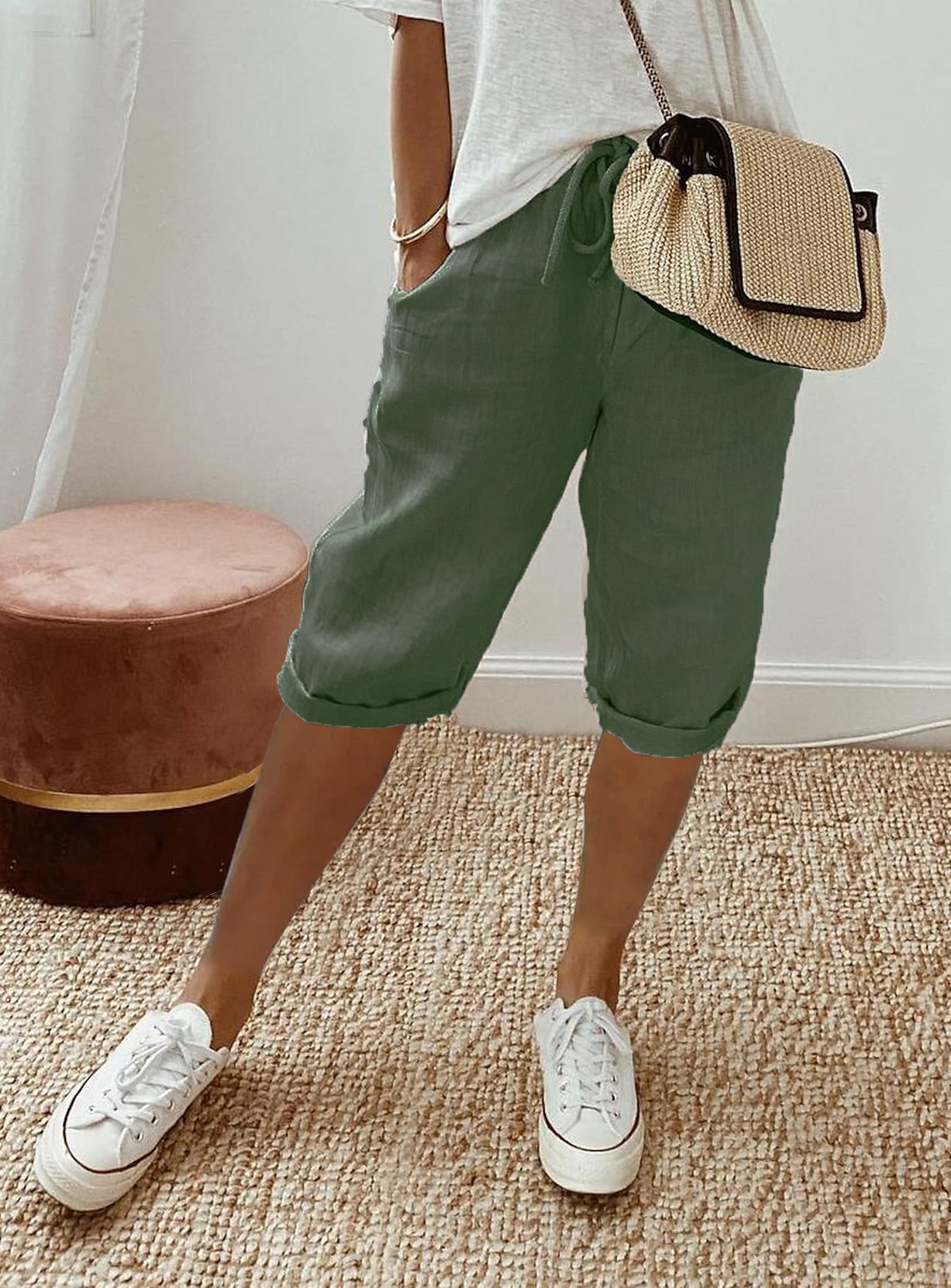 Women's Cotton Linen Casual Pants With Pockets Elastic Waist Five Point Khaki Style_ecoleips.com