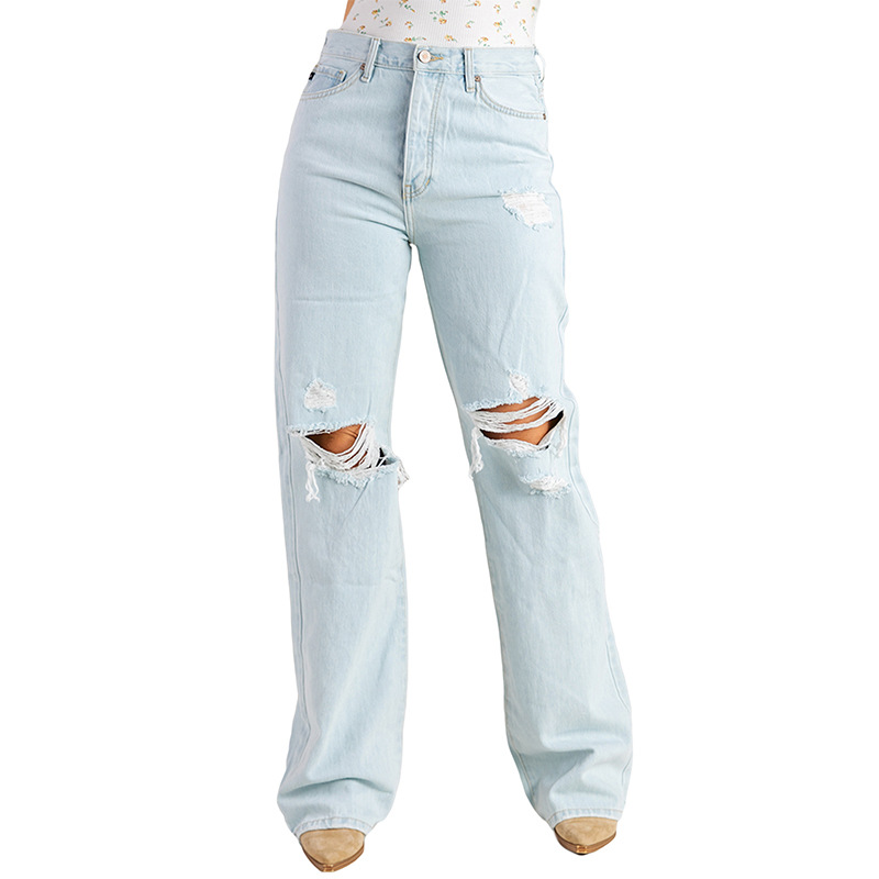 时颖亚马逊浅色牛仔裤女春夏新款欧美跨境水洗高腰宽松休闲长裤女