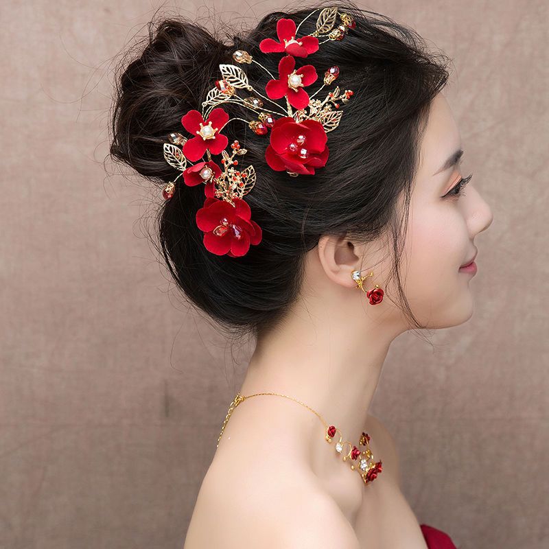 Bridal Headwear 2025 New Red Toast Dress Wedding Dress Wedding Dress Forest Hair Accessories Three-Piece Set