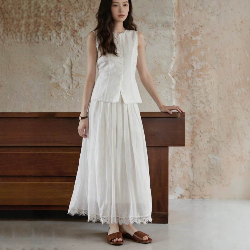 Ramie Lace Waist-Cinching Vest Top, White Two-Piece Set, Sheer and Flowing Lace Patchwork Skirt D0308 Ramie Lace Waist-Cinching Vest Top, White Two-Piece Set, Sheer and Flowing Lace Patchwork Skirt D0308
