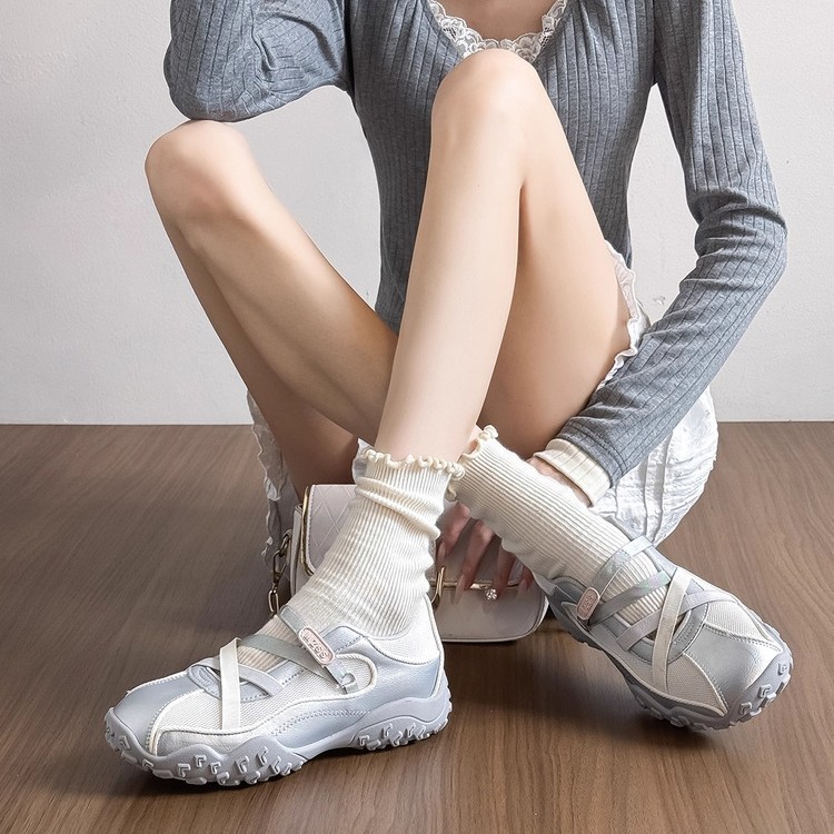 本革バージョン！女性のための 5 センチメートル高さのバレエトレーニングシューズ夏通気性 2025 新しい厚底シルバーメリージェーンシューズ|undefined