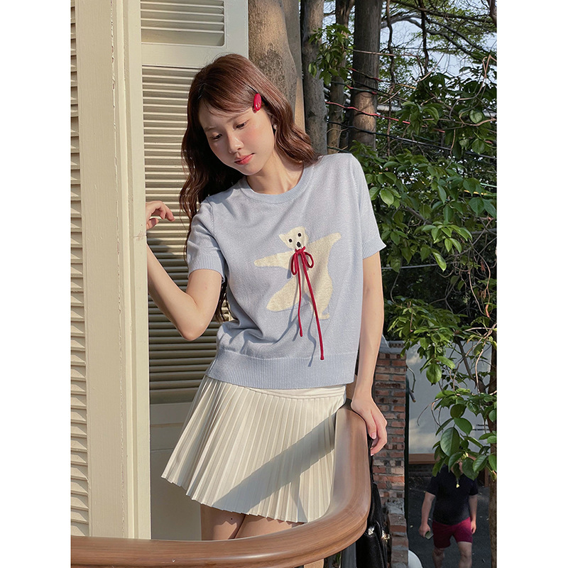 [Bear Circus] Korean round neck lace-up sweater women's 2025 summer new short sleeve top N928A