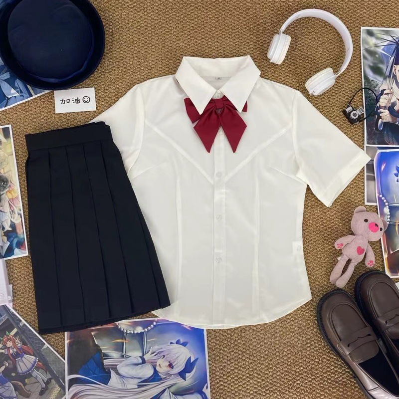 오리지널 JK 화이트 웨이스트 셔츠 가슴 라인 일본 주름 스커트 유니폼 세트 슬림 핏 슬리밍 스쿨 느낌