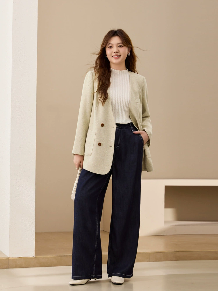 Retro trousers, dark blue autumn jeans, plus size