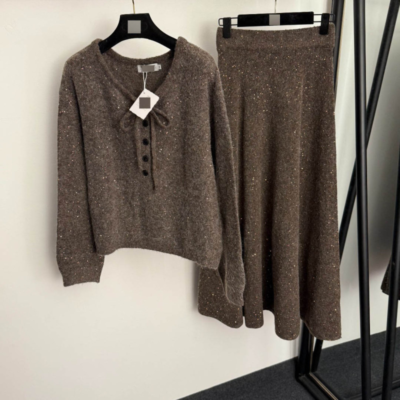 Nanyou High-End Quality New Cashmere Set: Sparkling Sequin-Embellished Bow Half-Button Knit Sweater + Skirt