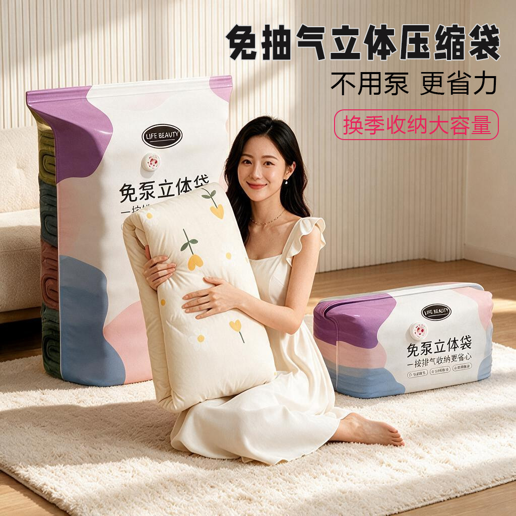 No-pump vacuum compression bag for clothing storage, thickened for clothes and quilts, moisture-proof, large capacity, mold-resistant
