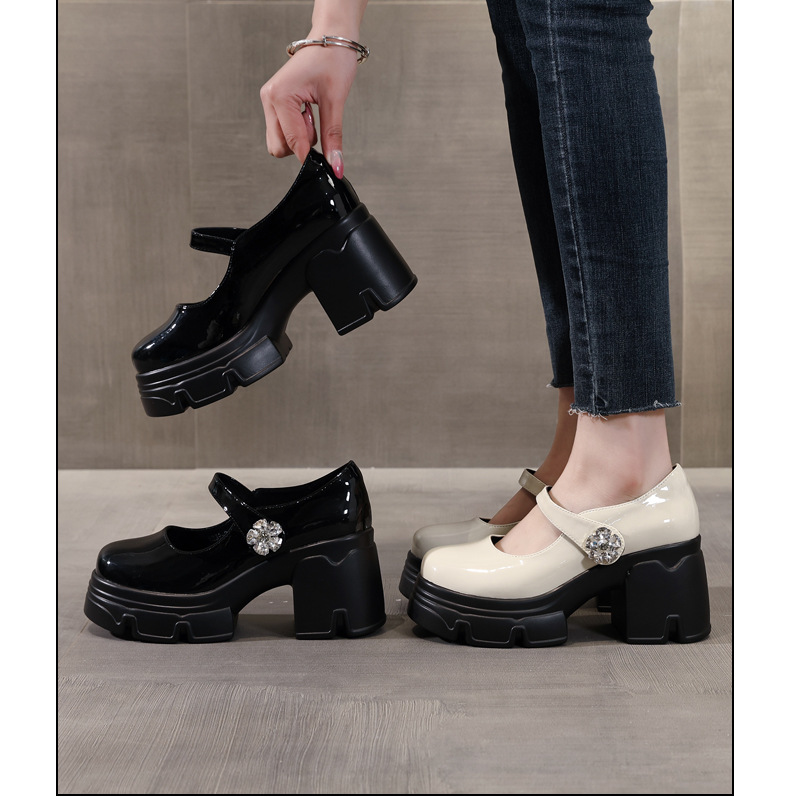 Giày sandal cao gót nữ quai ngang gót thô đế dày tăng chiều cao phong cách học đường — Màu be, Màu đen chi tiết 16