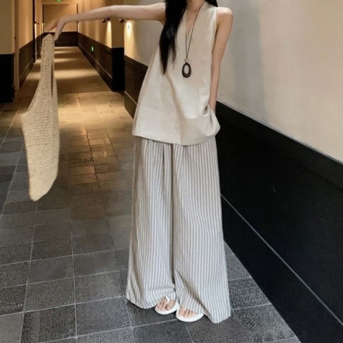 Lazily Relaxed Style Outfit - Complete Casual Set for Women - Summer Neckless V-Neck Tank Top Striped Wide Leg Pants Two-Piece Set