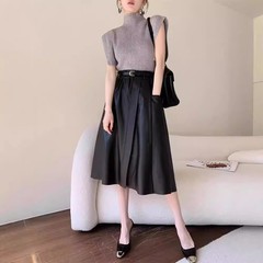 真皮半身裙女2025秋冬新款松紧腰皮裙大摆裙绵羊皮百搭过膝中长裙