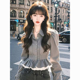 公羽翁法式小香风长袖衬衫女2025早春季设计感小众蕾丝拼接修身显
