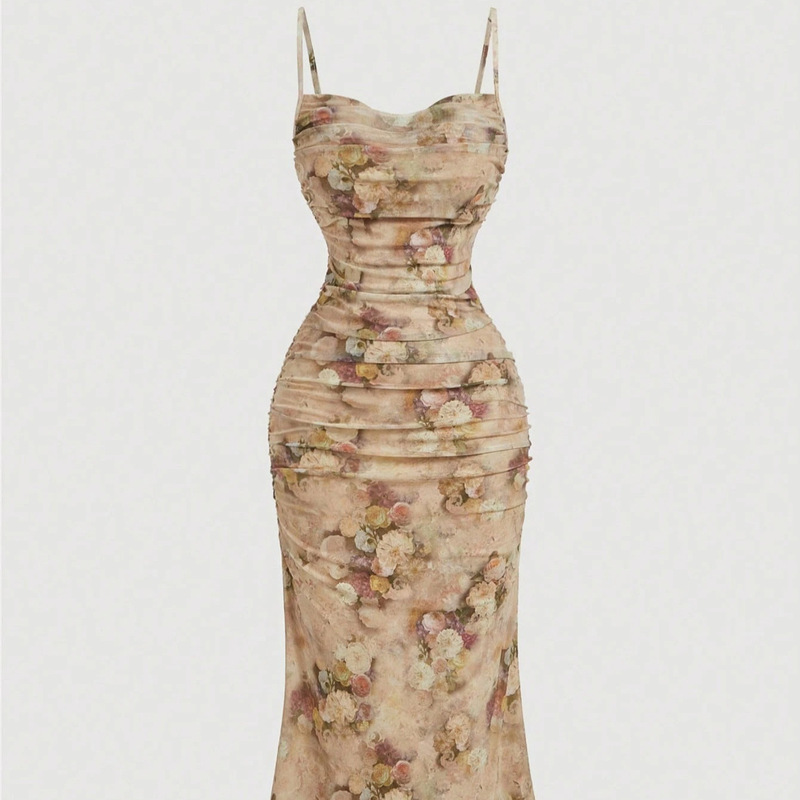 European and American Cross-Border 2026 Floral Print Ruched Mesh Fitted Slip Dress Elegant Women's Dress Retro Hippie European and American Cross-Border 2026 Floral Print Ruched Mesh Fitted Slip Dress Elegant Women's Dress Retro Hippie
