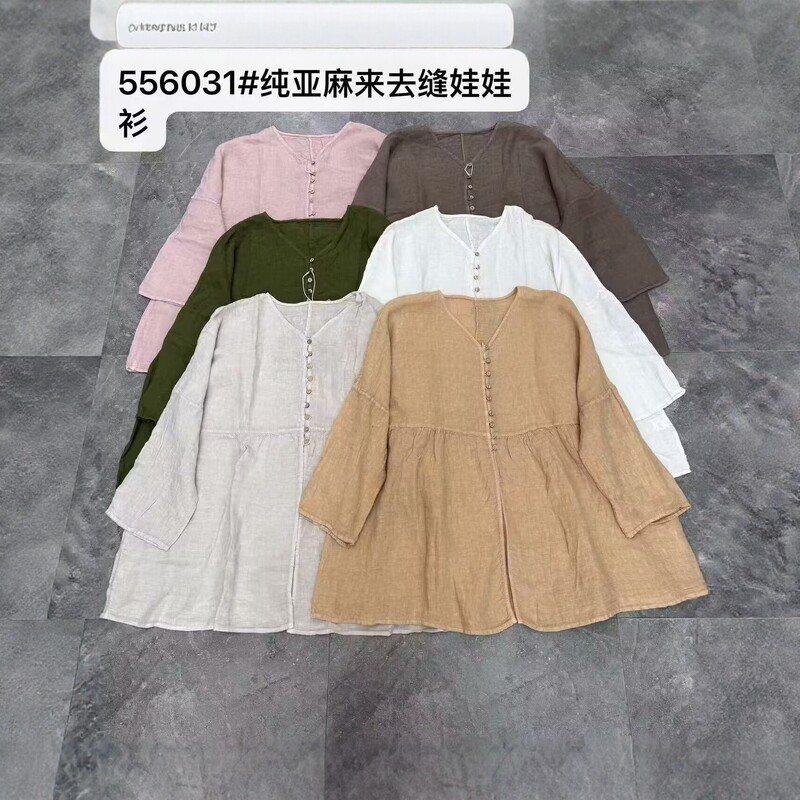 Autumn pure linen double-stitched doll shirt for women, V-neck, single-breasted, loose-fitting shirt, artistic style top 556031