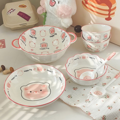 かわいい家庭用釉下彩陶器ボウル、高品質で可愛い漫画豚柄の陶器ボウル、ご飯用ボウル、スプーン、陶器食器