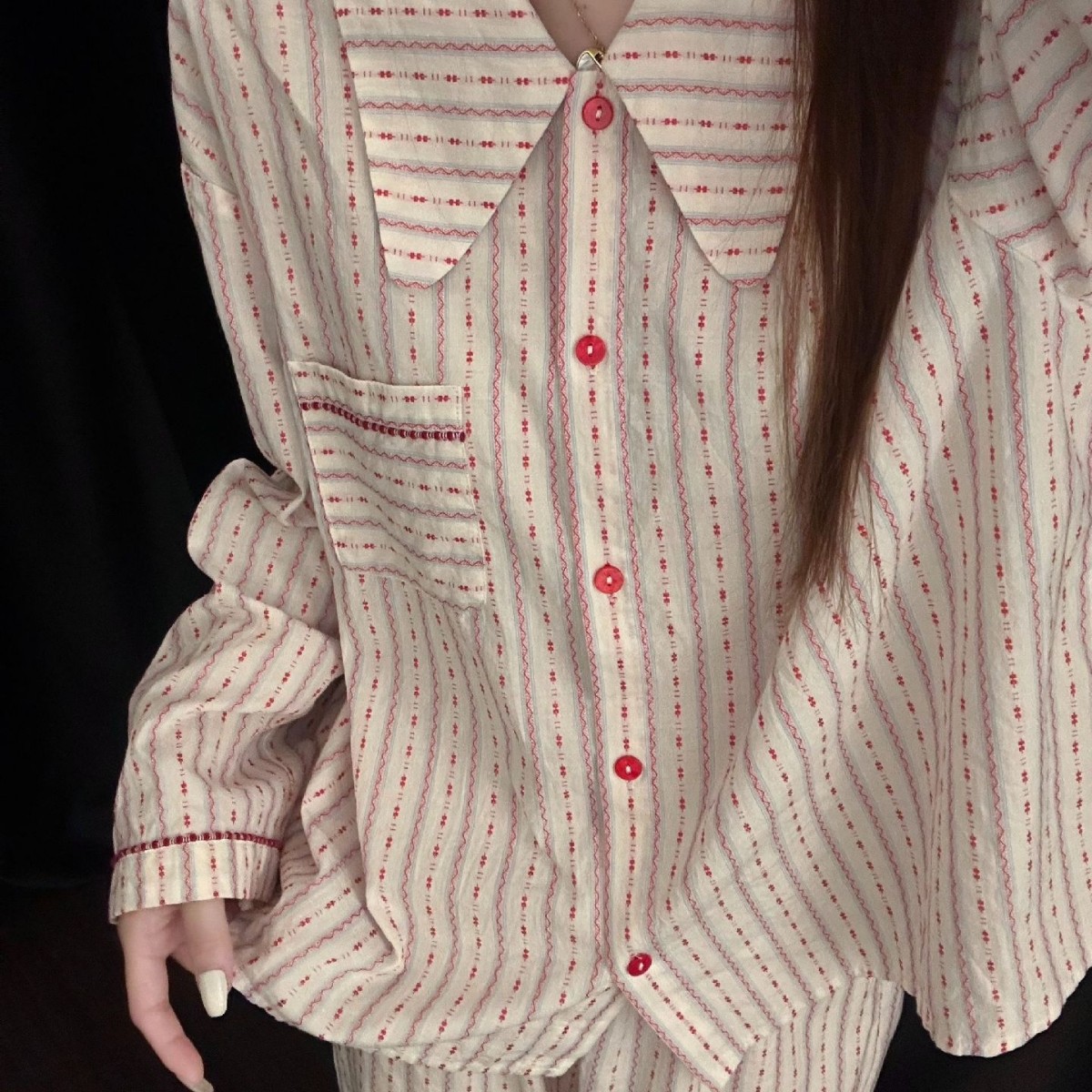 Pijamas a rayas al por mayor transfronterizos de collar de otoño de mujeres nuevos encajes simples sueltos mangas largas set de ropa de hogar larga