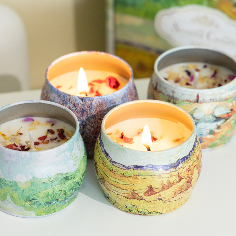 Hot selling gentle oil painting tin can aromatherapy candle, soy wax romantic aromatherapy candle for weddings