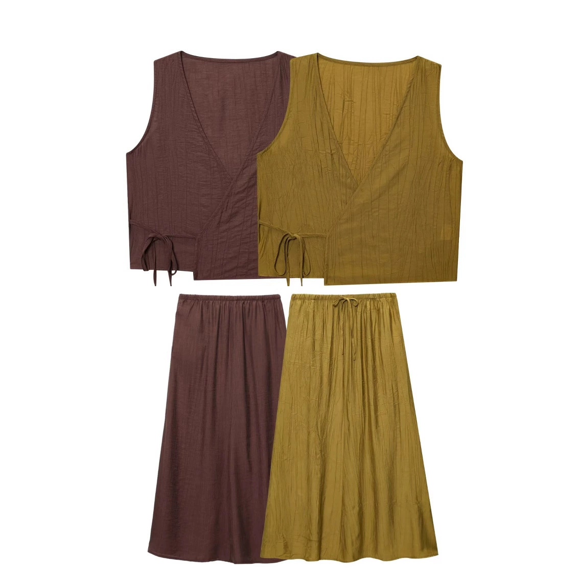 Летний костюм 2025 года в европейском и американском стиле: топ-жилет с V-образным вырезом и эффектом складок + миди-юбка для женщин U1627/28