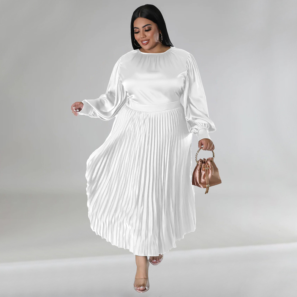 plus size solid color pleated round neck long sleeves long dress NSLNW137734