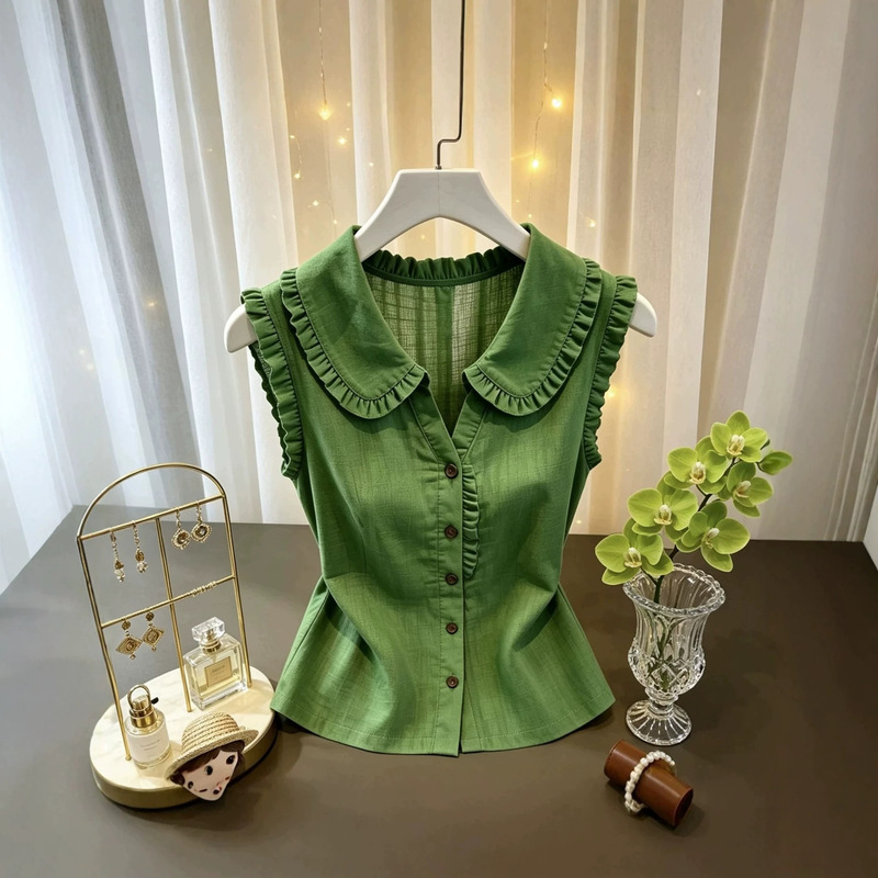 Summer super stylish and slimming ruffled doll collar top, fresh and light luxury with a high-end feel, women's shirt