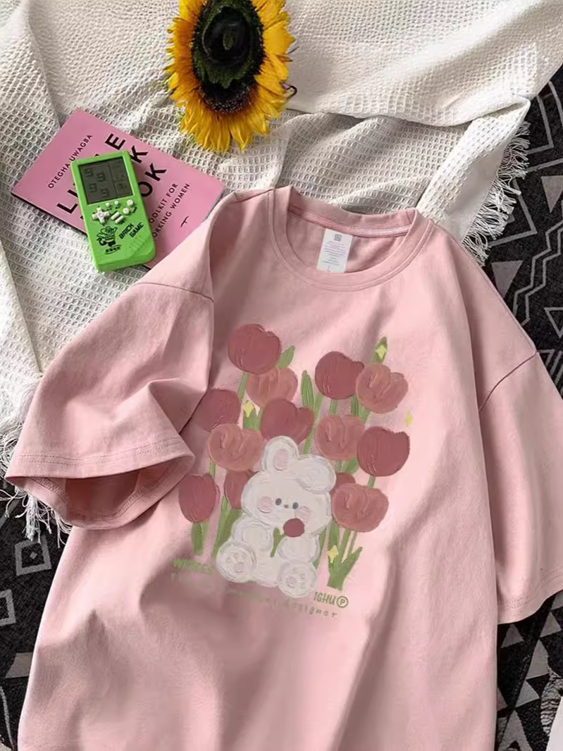 Cotton Heavy Pink Short-sleeved T-shirt Women's Summer New Design Sense Niche Trendy Brand Loose Western Style Age-reducing Top