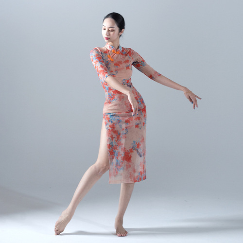  new summer short-sleeved cheongsam dance clothes, printed high-cross stand collar, plum blossom buttons, classical dance group practice clothes