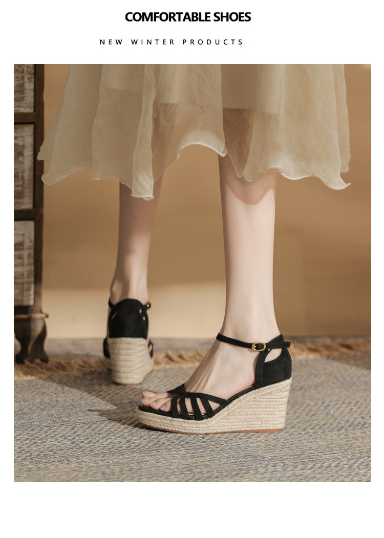Sandal cao gót nữ hở mũi đế xuồng bọc dây thừng gót 9 cm — màu đen chi tiết 18