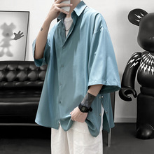 小众设计感短袖男潮牌衬衫雪纺宽松高级感排扣开衩冰丝中袖衬衣男