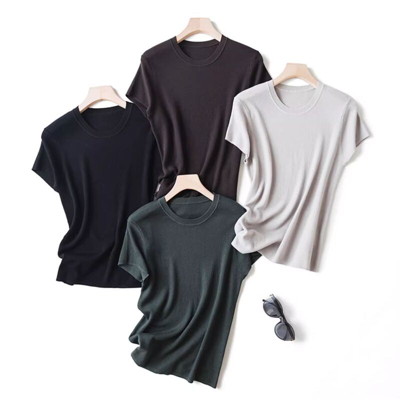 100% Superfine Merino Wool Ribbed Round Neck Slim-Fit Short-Sleeve Knit Sweater