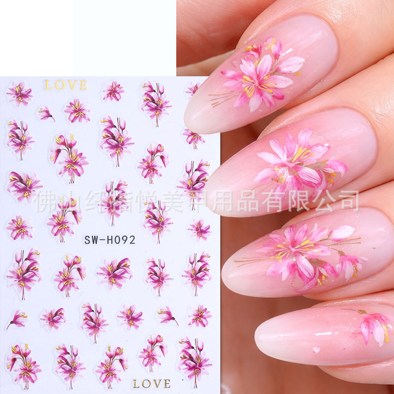 Cross-Border New Nail Art Stickers Wholesale Ins Pink Bamboo Flower Cherry Blossom Spring and Summer Floral Adhesive Nail Stickers