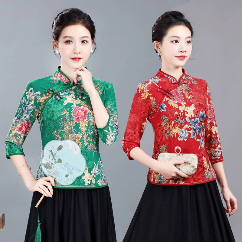 Cheongsam топ женский весенне-летний новый костюм мамы с семью рукавами футболка с иностранными волосами осенняя ретро женская рубашка большого размера