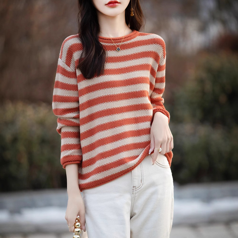 Contrast Color Crewneck Striped Cotton Knitted Sweater Women's 2025 Spring and Summer New Retro Art plus size Knitted Sweater Top