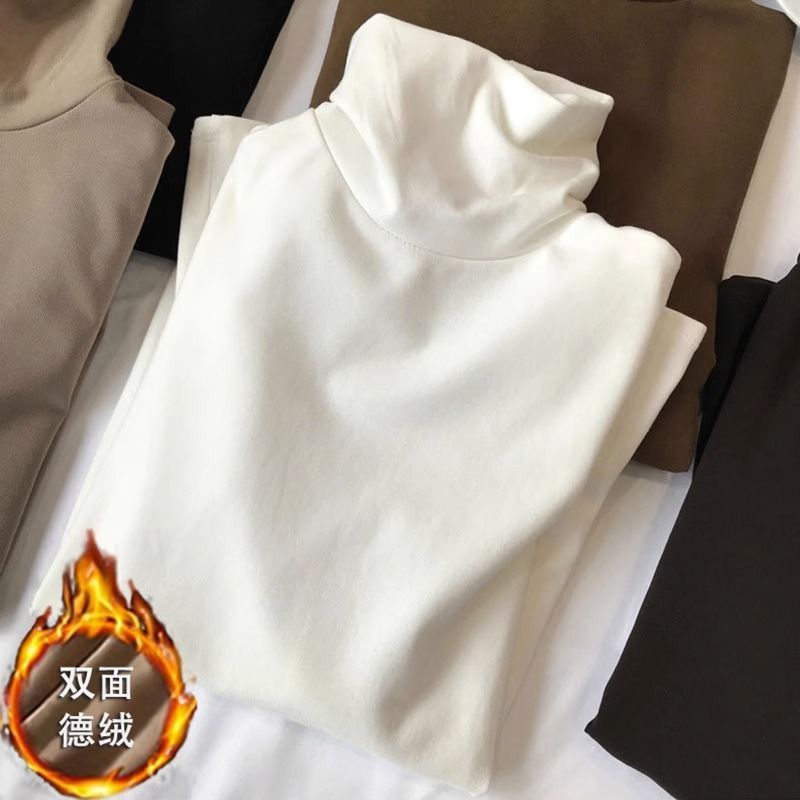 Single-Two-Piece Double-Sided Velvet High Neck Self-Heating Warm Base Shirt Top Autumn and Winter Slim Fit Inner Long Sleeve T-Shirt