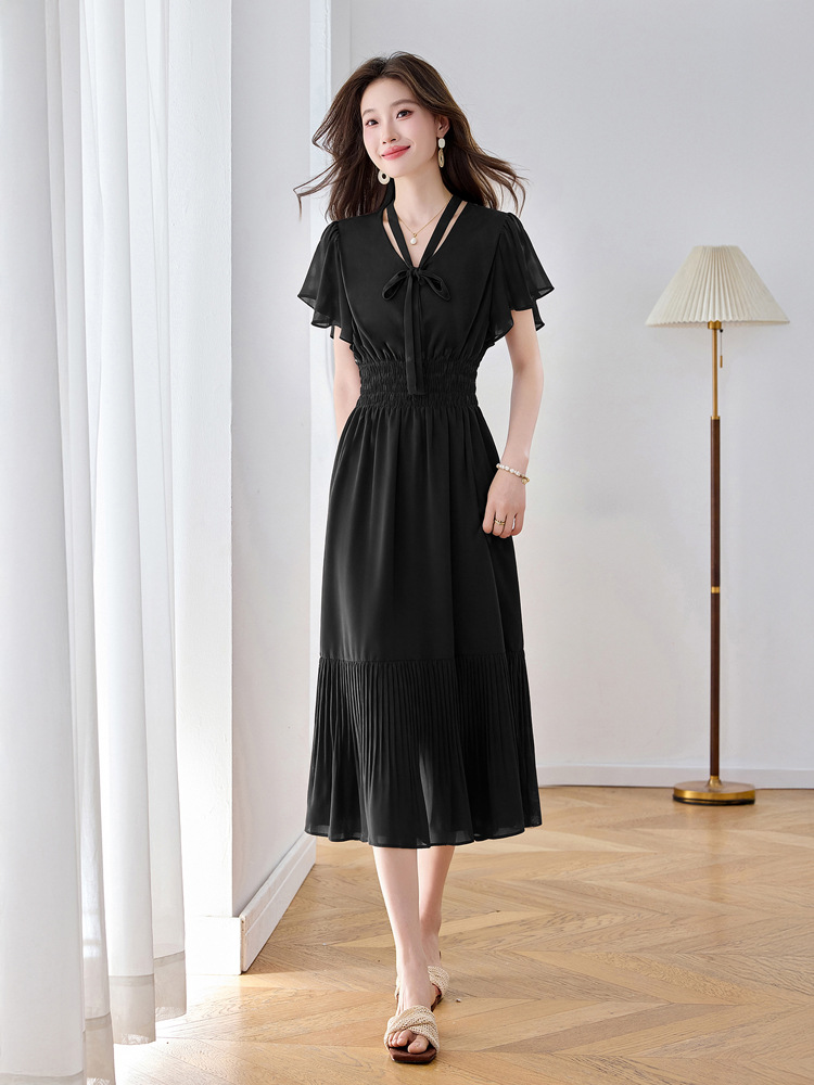 Đầm maxi nữ họa tiết hoa nhí thắt eo dáng chữ A dài quá gối — màu đen, màu hồng