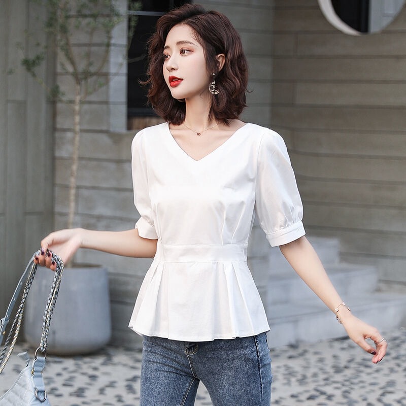 Thin Short-Sleeved Shirt for Women 2024 Summer Loose Waist Zipper Pullover White Shirt V Neck Slim Fit