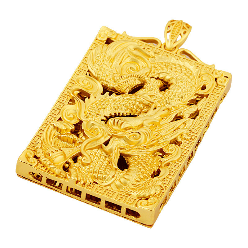 Collana con ciondolo da uomo in ottone con perline in sabbia vietnamita, accessori in oro, drago, totem, carta quadrata_voghion.com