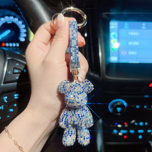 Fashion Diamond-Studded Medium Size Violent Bear Keychain Creative Diamond Rope Round Clasp Car Keychain for Girls Purse Hook Gift
