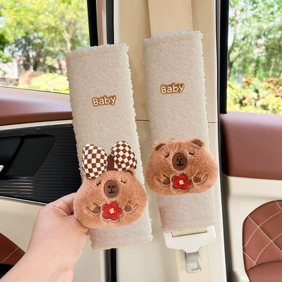 decoration cute decoration — Seat belt shoulder pad - rich-flower-capibala-teddy-velvet-shoulder-pads-1-pair-beige