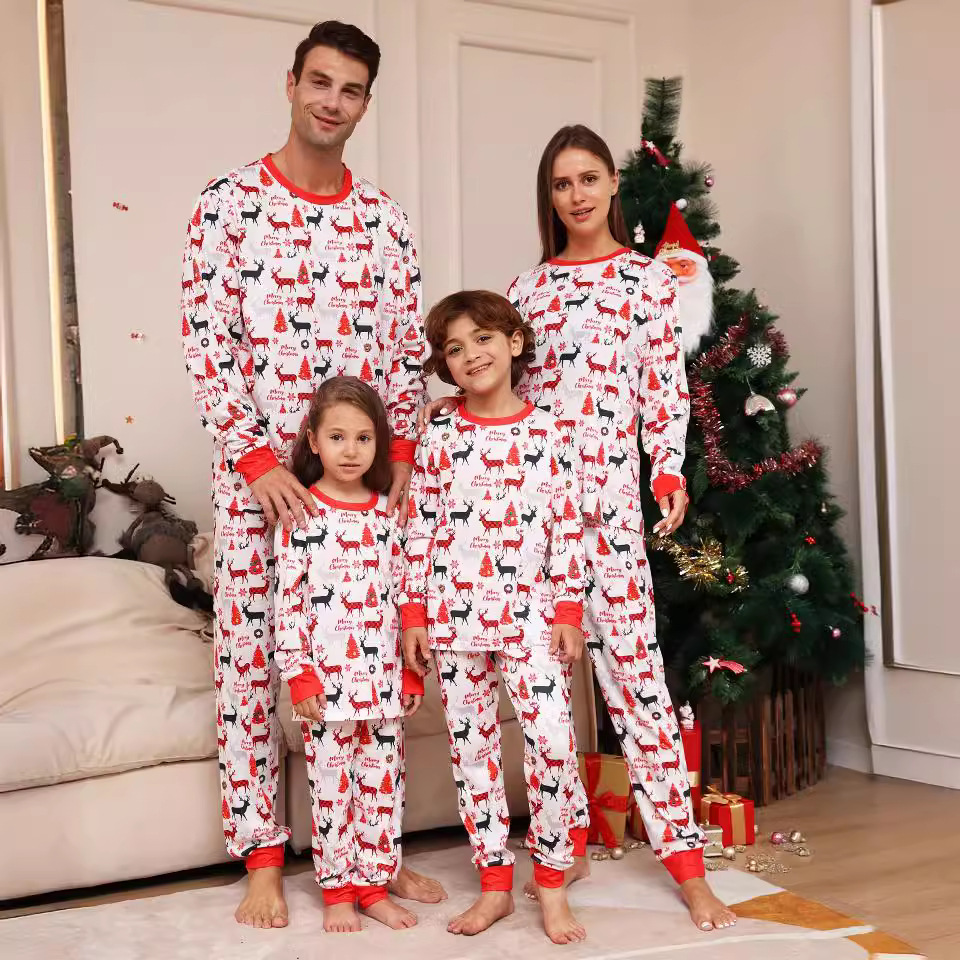 Christmas Alphabet cartoon Deer Christmas family dress printed home dress pajamas_voghion.com