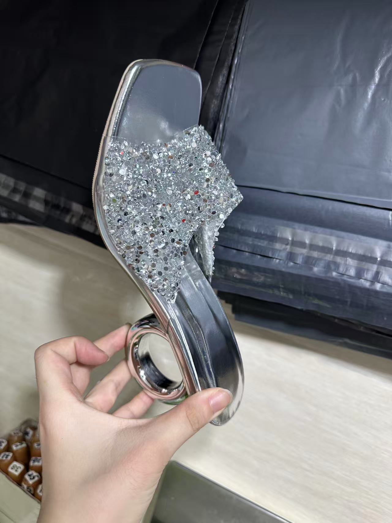 Women's Sequined High Heeled Sandals Square Toe Strappy Summer Shoes_voghion.com
