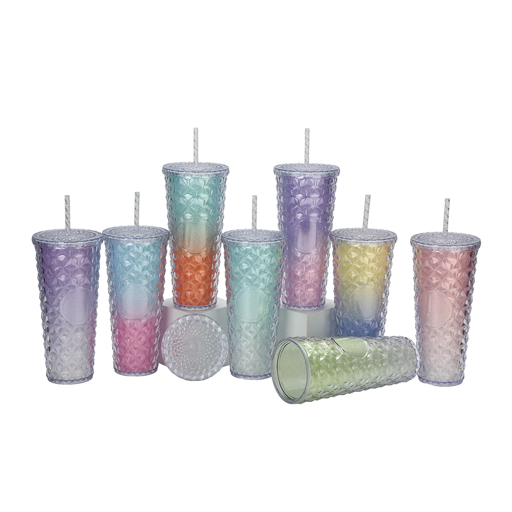 Vaso de Plástico con Pajita de Plástico PS Doble Capa y Ecológico para Oficina y Hogar