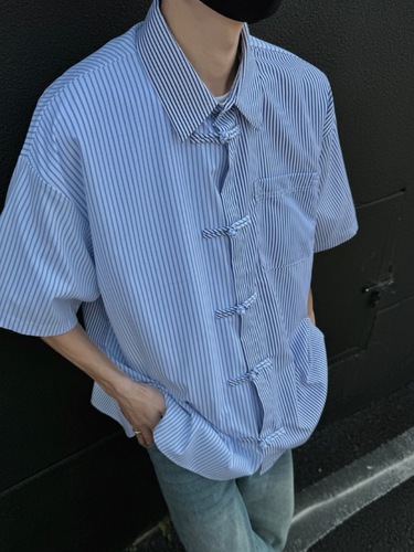 Striped Short-Sleeve Shirt for Men - Summer American Retro INS Trend Brand Loose Five-Sleeve Collar Shirt