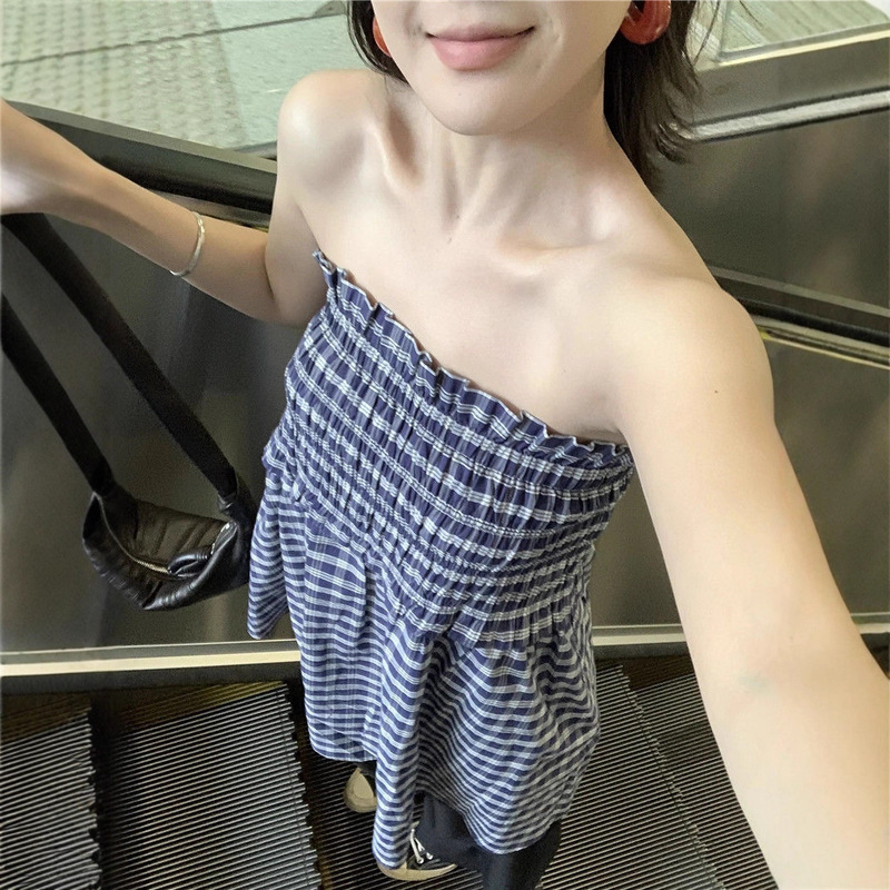 Unique Plaid Design Strapless Midi Skirt Summer New Fashion Fresh Youthful Versatile Slimming A-Line Umbrella Skirt