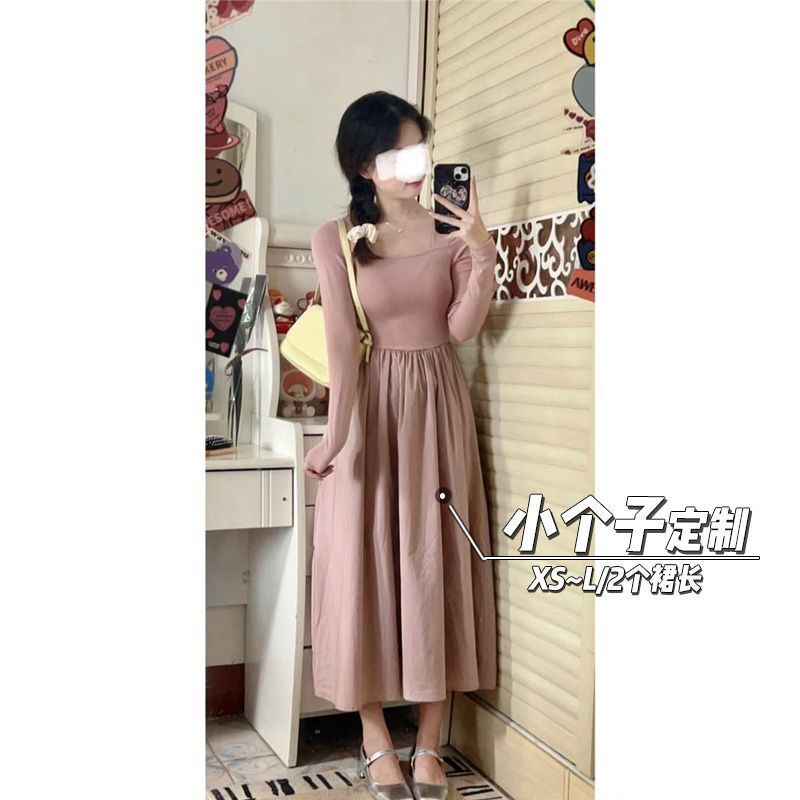 150 Petite French-Style Dress for Women, Waist-Cinching A-Line Long-Sleeve Midi Dress, XS Height-Enhancing Spliced Design